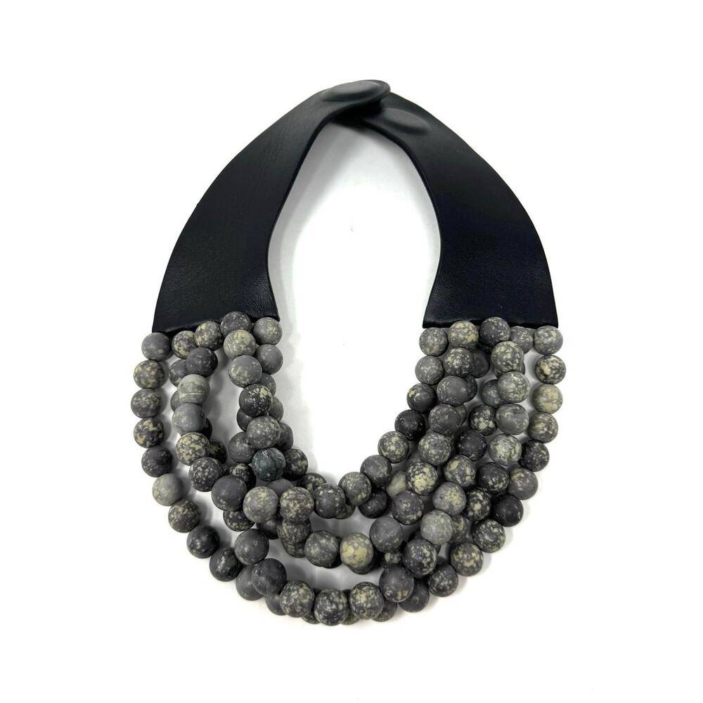 Fairchild Baldwin multistrand grey resin beads and Black leather collar necklace